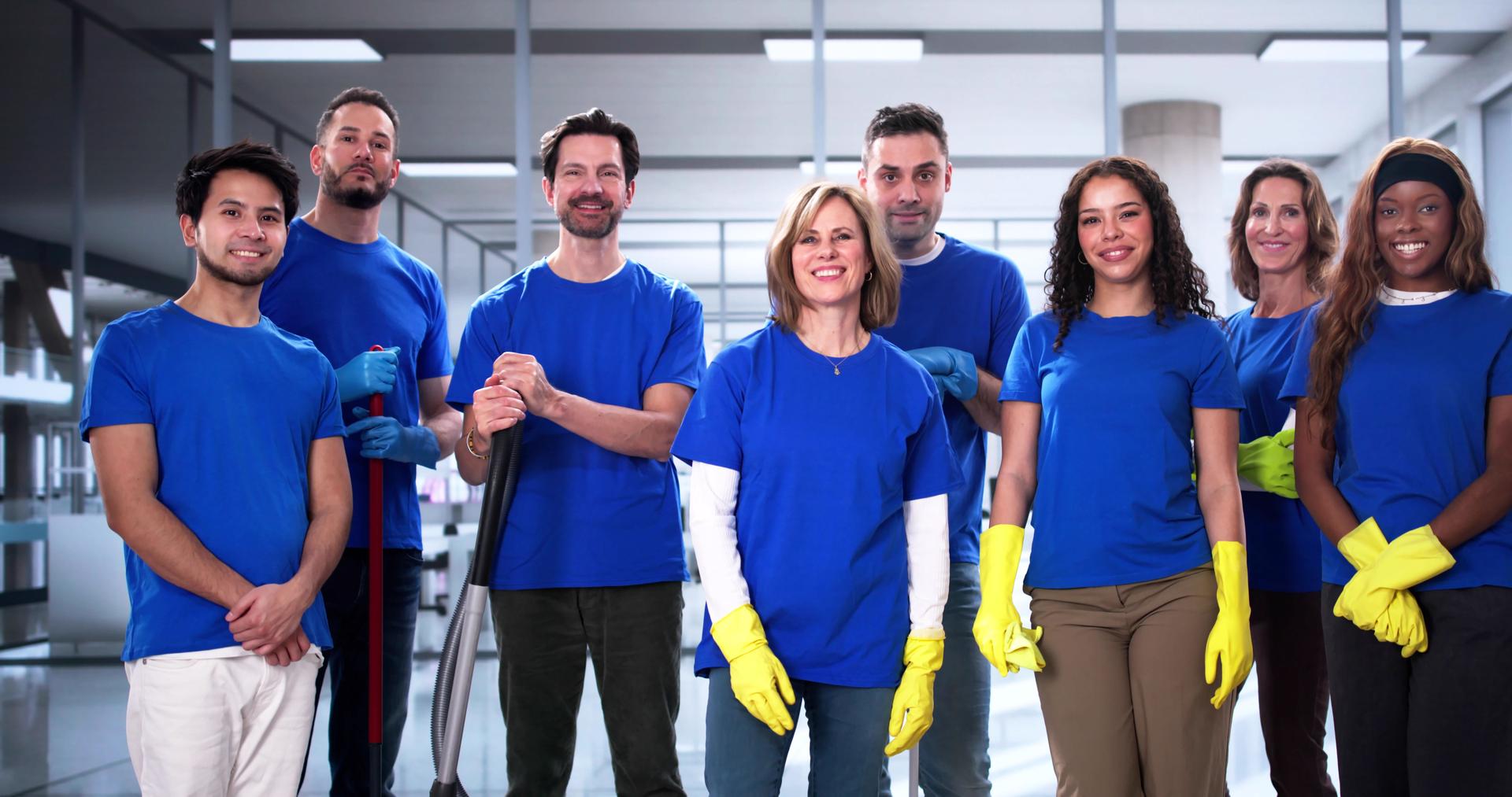 Hardworking Janitorial Team Cleans Commercial Office Building